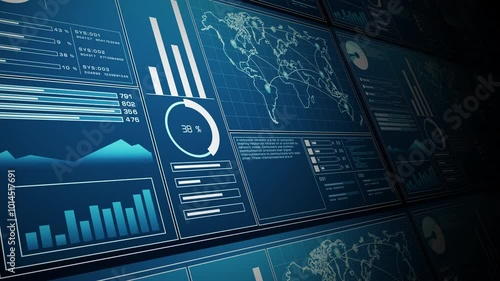 Image showing several digital data dashboards with various charts, graphs, and a global network map, representing analytics and technology. Animation 4k, 3d rendering.