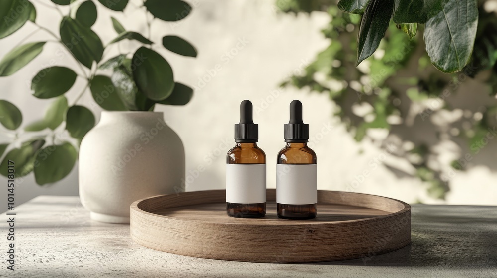 A serene setup featuring two amber glass dropper bottles with blank labels resting on a rustic wooden tray, accented by a minimalist white vase and lush greenery in the background. A serene setup featuring two amber glass dropper bottles with blank labels resting on a rustic wooden tray, accented by a minimalist white vase and lush greenery in the background.