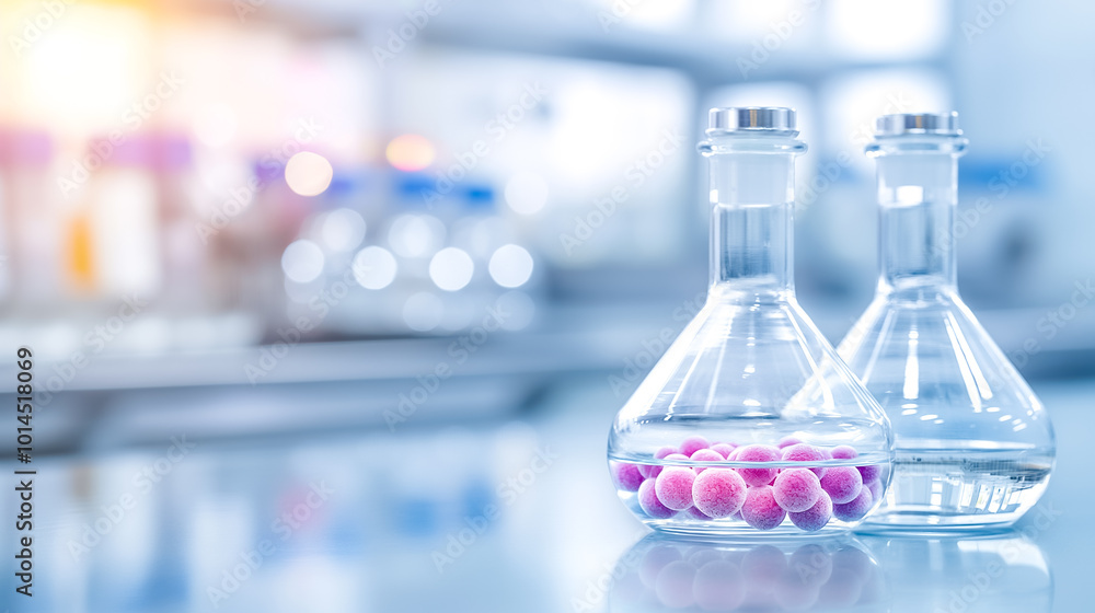 Two glass flasks filled with vibrant beads sit on a laboratory countertop, surrounded by blurred lab equipment. Bright natural light enhances the scientific atmosphere Two glass flasks filled with vibrant beads sit on a laboratory countertop, surrounded by blurred lab equipment. Bright natural light enhances the scientific atmosphere