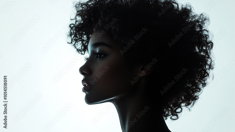 Real African American woman’s silhouette with curly hair stands out against a clean white backdrop. Real African American woman’s silhouette with curly hair stands out against a clean white backdrop.