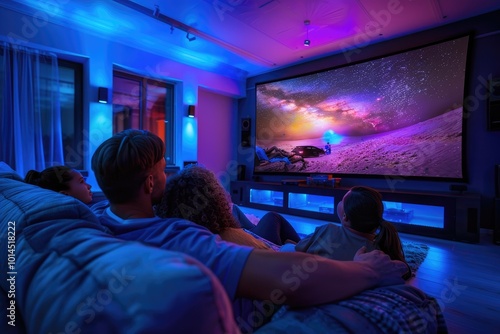 A family watches a movie in a home theater.