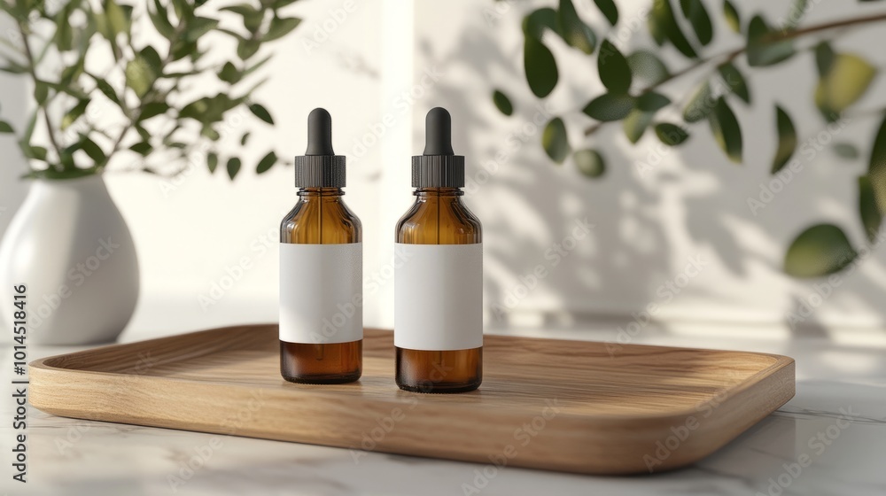 An aesthetic shot of two amber glass dropper bottles with blank labels set on a wooden tray, with a sleek white vase and lively greenery adding a touch of elegance to the scene. An aesthetic shot of two amber glass dropper bottles with blank labels set on a wooden tray, with a sleek white vase and lively greenery adding a touch of elegance to the scene.