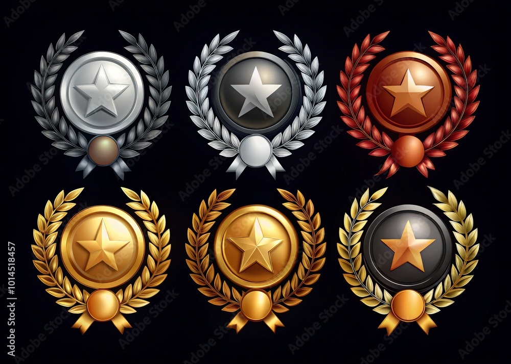 An elegant arrangement of gold, silver, and bronze symbols on a sleek black background, ideal for highlighting awards, An elegant arrangement of gold, silver, and bronze symbols on a sleek black background, ideal for highlighting awards,