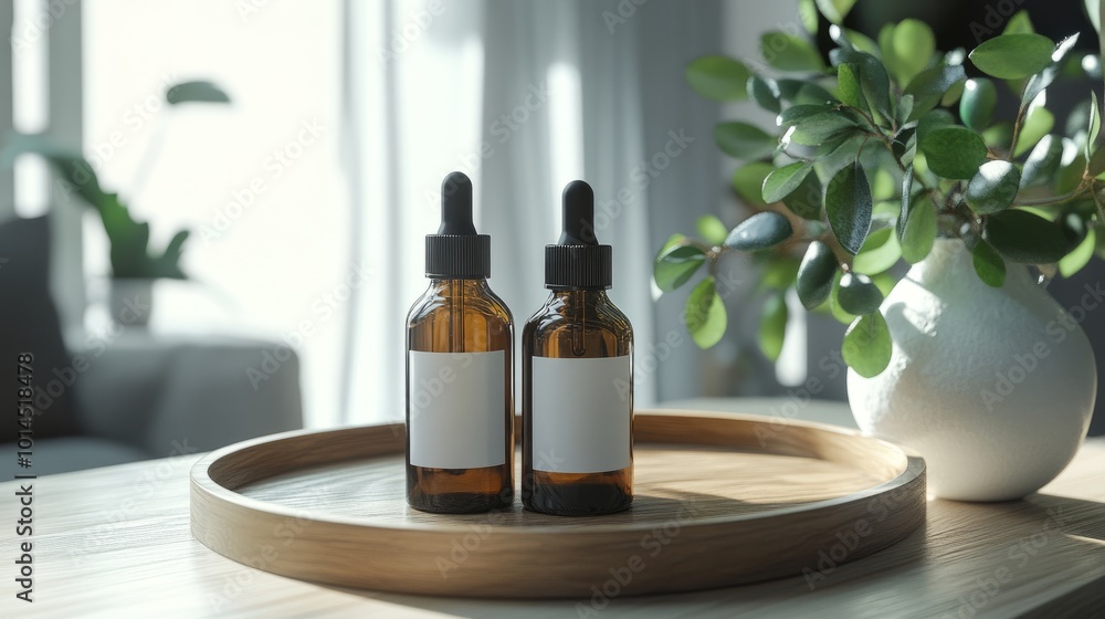 An elegant display of two amber glass dropper bottles with blank labels on a wooden tray, complemented by a chic white vase filled with greenery. Soft natural light enhances the scene An elegant display of two amber glass dropper bottles with blank labels on a wooden tray, complemented by a chic white vase filled with greenery. Soft natural light enhances the scene