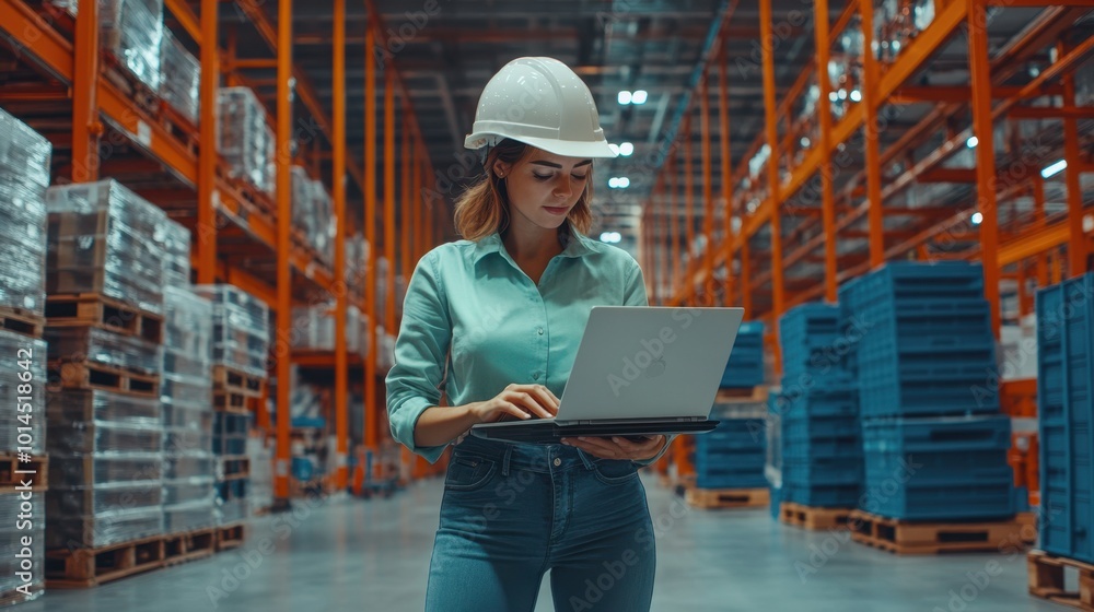 The Woman with Laptop in Warehouse The Woman with Laptop in Warehouse