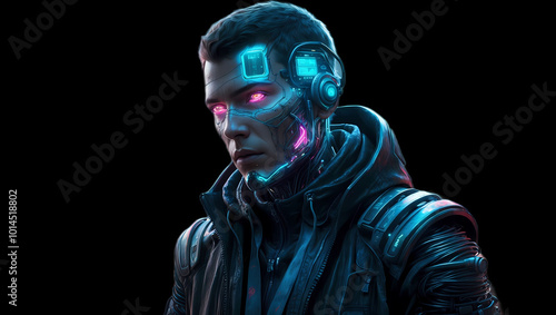 Cyberpunk Man with Futuristic Implants in Neon City Isolated