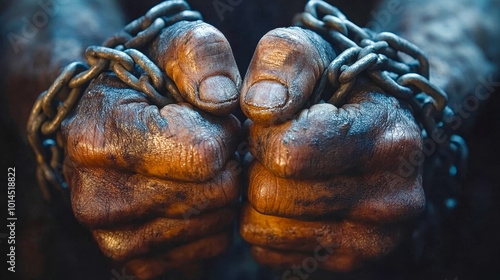 Dirty hands of a worker bound by a heavy chain, concept of forced labor and human trafficking