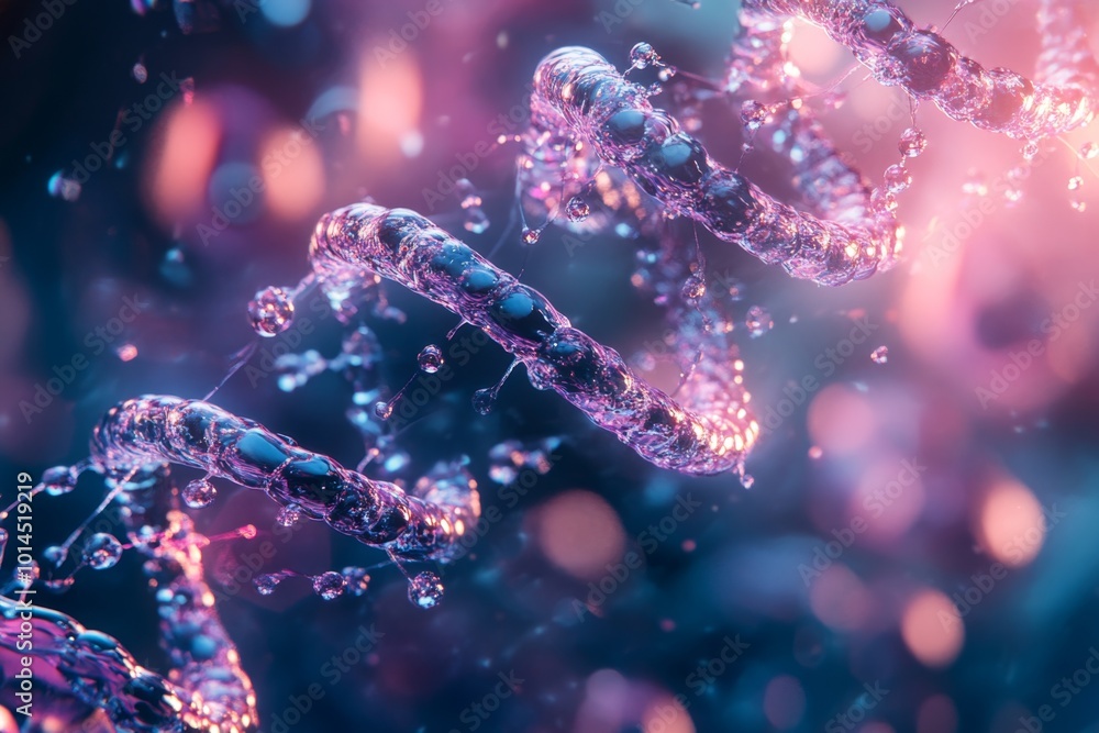 Liquid dna molecule is rotating with bokeh effect on a blue and pink background Liquid dna molecule is rotating with bokeh effect on a blue and pink background