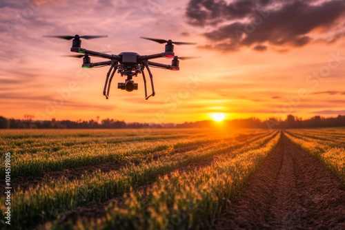 Drone flying over farm field at sunset capturing aerial footage