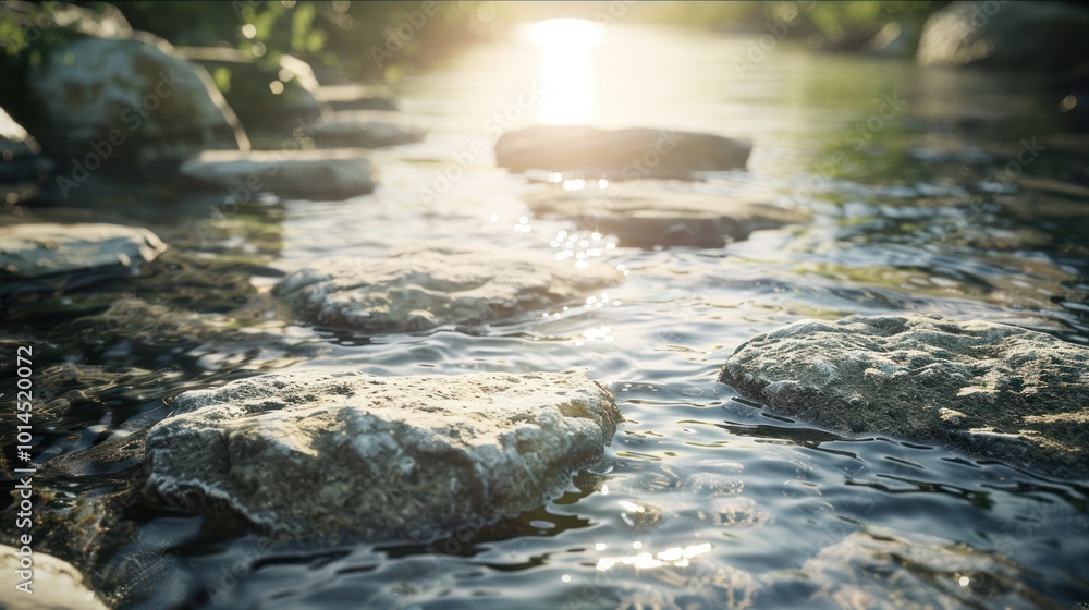 Fototapeta premium Sunlit Riverbed with Smooth Stones and Rippling Water
