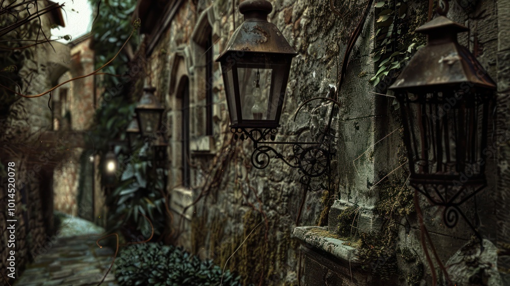 A Gloomy, Moss-Covered Stone Wall With Hanging Lanterns A Gloomy, Moss-Covered Stone Wall With Hanging Lanterns