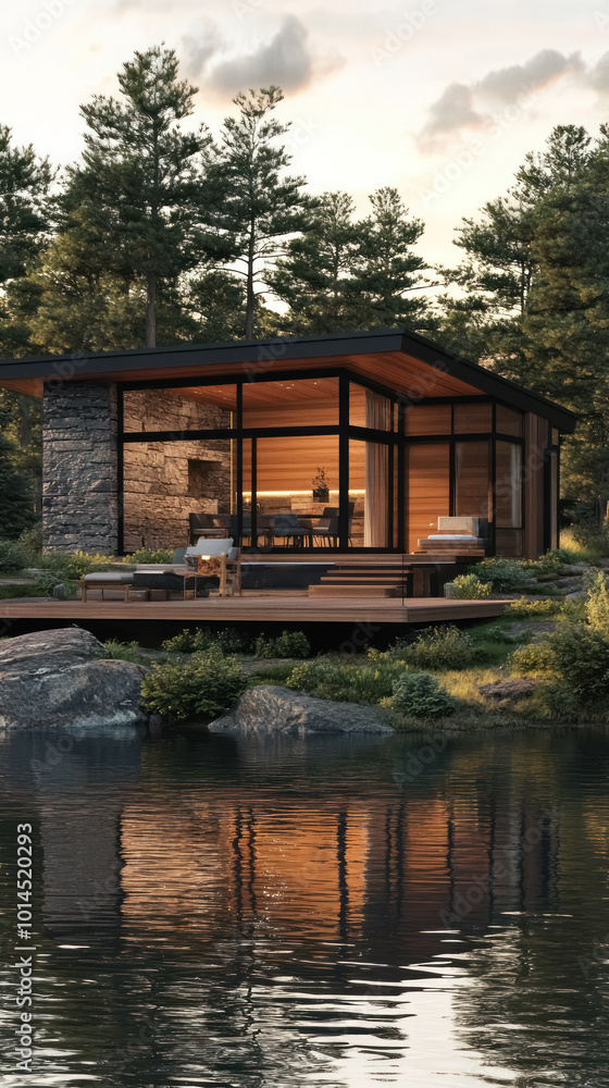 modern lakeside house at dusk with reflection in water modern lakeside house at dusk with reflection in water