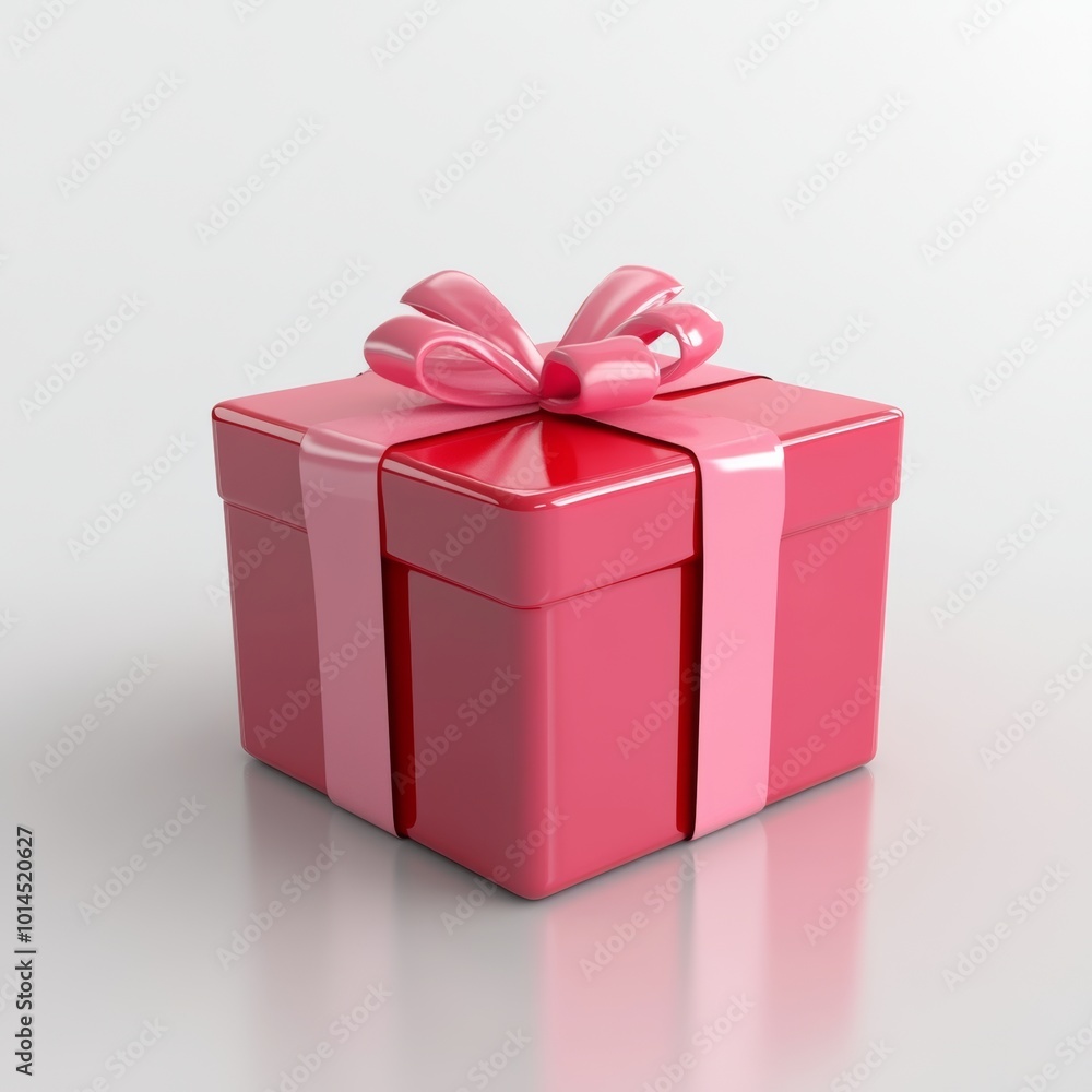 Obraz premium A three-dimensional, glossy red gift box with a pink ribbon, isolated on a clean white surface, evoking a festive and romantic mood