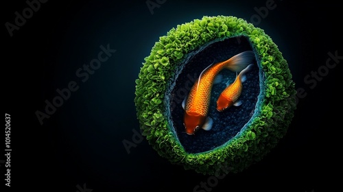 Koi in a Green Oasis: A pair of vibrant Koi fish gracefully swim through a lush green oasis, their scales shimmering against the dark backdrop.