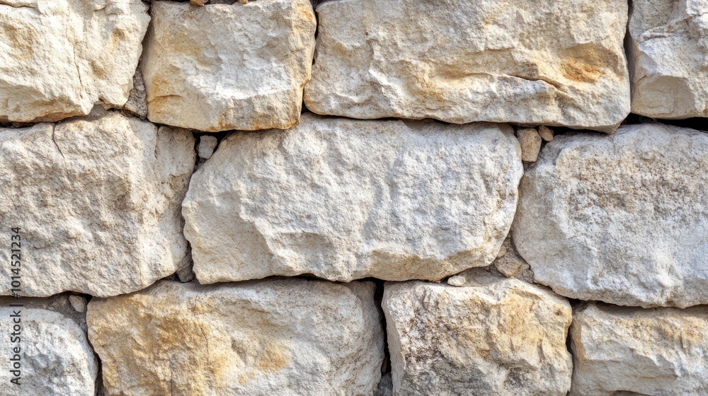 A textured stone wall composed of irregularly shaped light-colored stones. A textured stone wall composed of irregularly shaped light-colored stones.