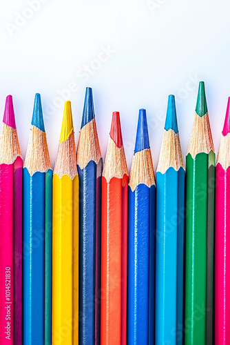 A group of colored pencils lined up in a row