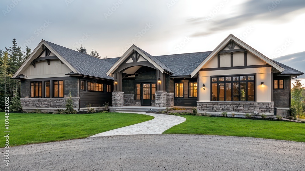 Architectural design of a house with sepia accents, blending traditional styles, including dark flint and spruce details, wide windows, vanilla roof trim, a granite driveway, and green grass Architectural design of a house with sepia accents, blending traditional styles, including dark flint and spruce details, wide windows, vanilla roof trim, a granite driveway, and green grass