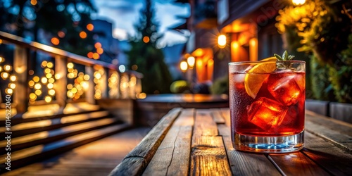 A refreshing Negroni cocktail sits on a bar table near porch stairs, ice glimmering, perfect for summer evenings