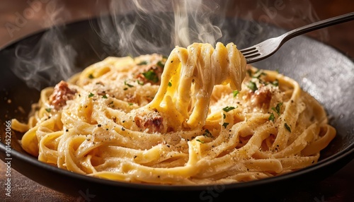 Delicious steaming plate of fettuccine pasta topped with creamy sauce, garnished with herbs, served in a black bowl, ready to enjoy a mouthwatering meal. photo