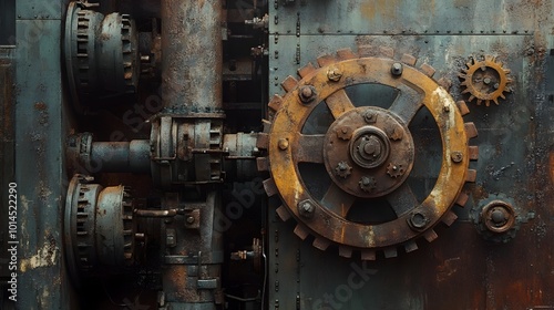 Weathered Vintage Industrial Machinery and Intricate Mechanisms in a Surreal Warehouse Interior