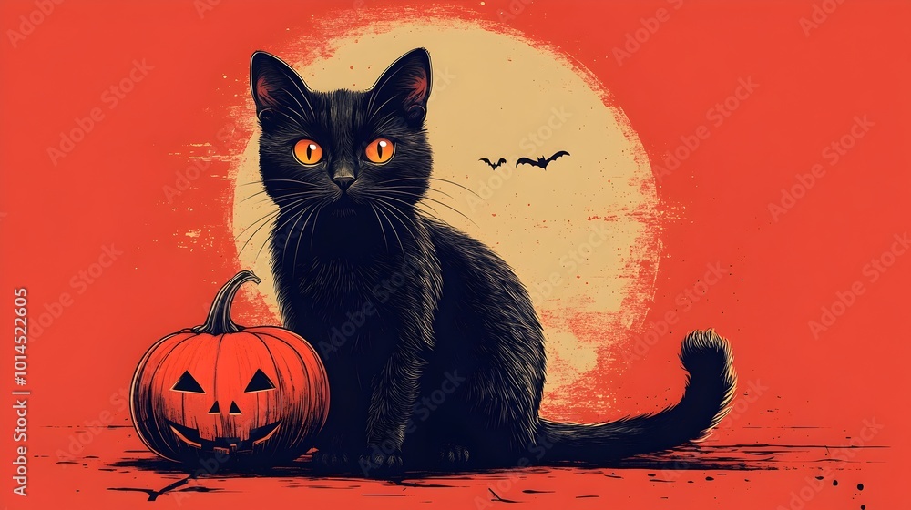 a fun vector of a cat and pumpkin on an orange background. halloween cat and pumpkin, spooky black cat with a glowing pumpkin a fun vector of a cat and pumpkin on an orange background. halloween cat and pumpkin, spooky black cat with a glowing pumpkin