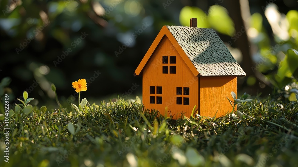 Wooden house model on the grass in garden. Wooden house model on the grass in garden.