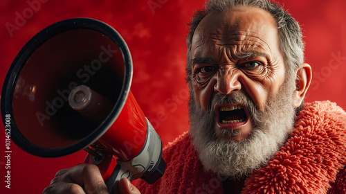 A man in a red robe holding a megaphone in his hand photo