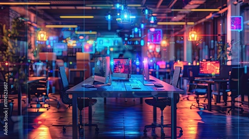 Modern neon cyberpunk open space office interior with information technology overlay. Tables with computers for work.