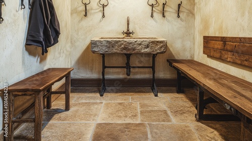 Wallpaper Mural A Mediterranean-inspired mudroom equipped with a rustic stone sink Torontodigital.ca