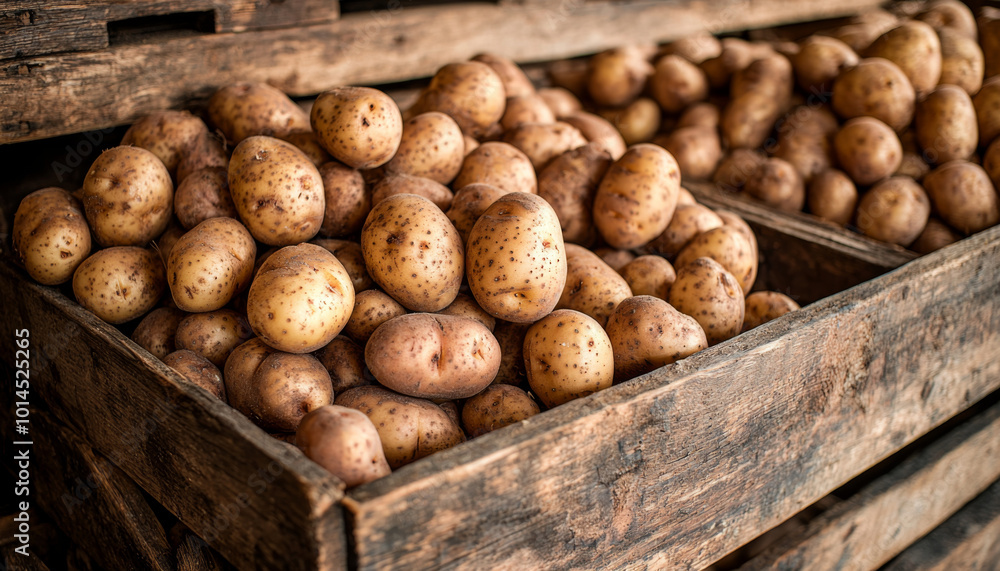 A rustic display of fresh potatoes stacked in wooden crates, showcasing their earthy texture and natural appeal. A rustic display of fresh potatoes stacked in wooden crates, showcasing their earthy texture and natural appeal.
