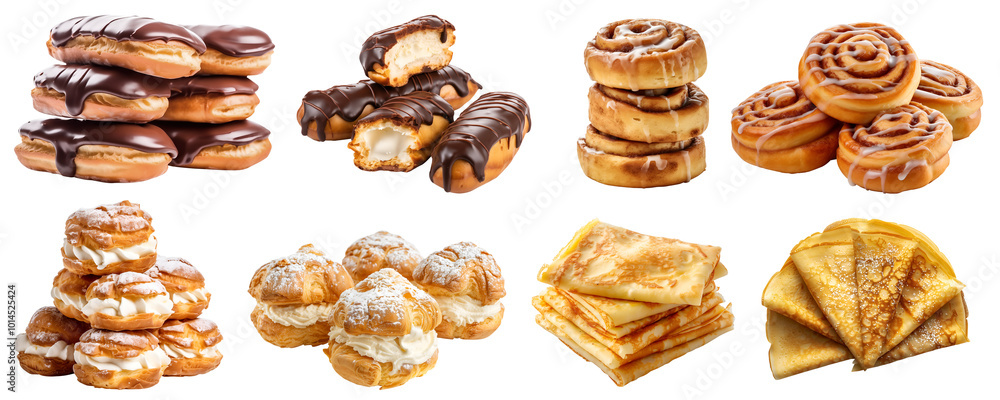 Collection of 4 set group pile of cake bread pastry dessert., Chocolate Eclairs, Cinnamon Roll, Crêpe Crepe, Cream Puff on transparent background cutout PNG file. Mockup template for artwork design Collection of 4 set group pile of cake bread pastry dessert., Chocolate Eclairs, Cinnamon Roll, Crêpe Crepe, Cream Puff on transparent background cutout PNG file. Mockup template for artwork design
