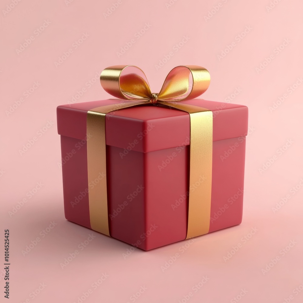 A three-dimensional, romantic red gift box with a gold ribbon, isolated on a soft pastel pink background, exuding a festive atmosphere A three-dimensional, romantic red gift box with a gold ribbon, isolated on a soft pastel pink background, exuding a festive atmosphere