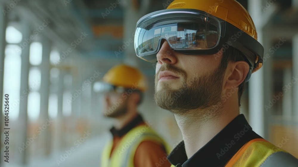 Construction Worker Wearing Virtual Reality Headset and Hard Hat Construction Worker Wearing Virtual Reality Headset and Hard Hat