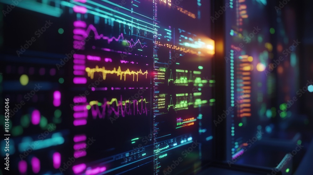 Closeup of computer screens displaying colorful data and graphs in a dark server room Closeup of computer screens displaying colorful data and graphs in a dark server room