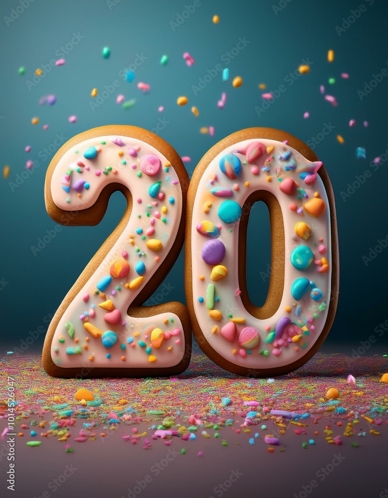 Decorated cookie, number 20, illustration for birthday or anniversary celebration Decorated cookie, number 20, illustration for birthday or anniversary celebration