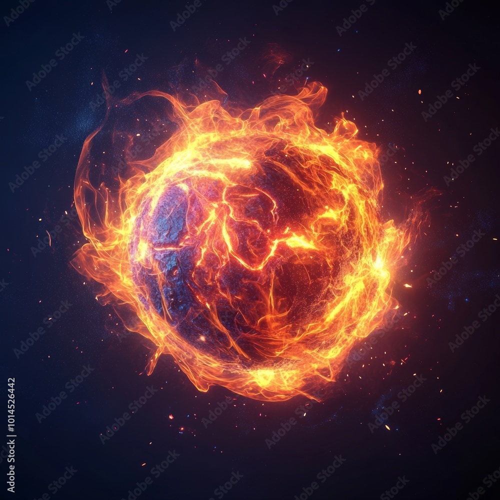 A vibrant, 3D illustration of a fireball with intense flames and glowing effects, creating a dynamic and mystical atmosphere A vibrant, 3D illustration of a fireball with intense flames and glowing effects, creating a dynamic and mystical atmosphere