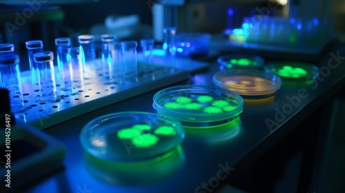 Several petri dishes containing glowing green bacterial cultures are seen on a table in a laboratory setting. Some test tubes are also visible in the background.