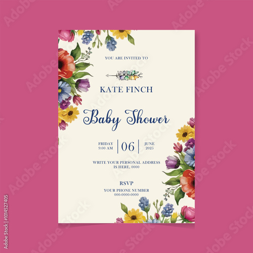Watercolor Baby shower invitation with flowers in watercolor style. Retro kid Stroller in cute pastel pink and beige colors. Cute carriage for children. Hand drawn illustration of perambulator for new