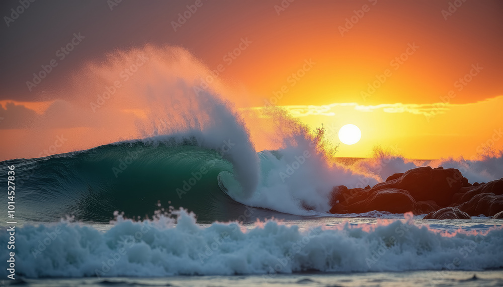 Fototapeta premium Sunset wave crashing on rocks