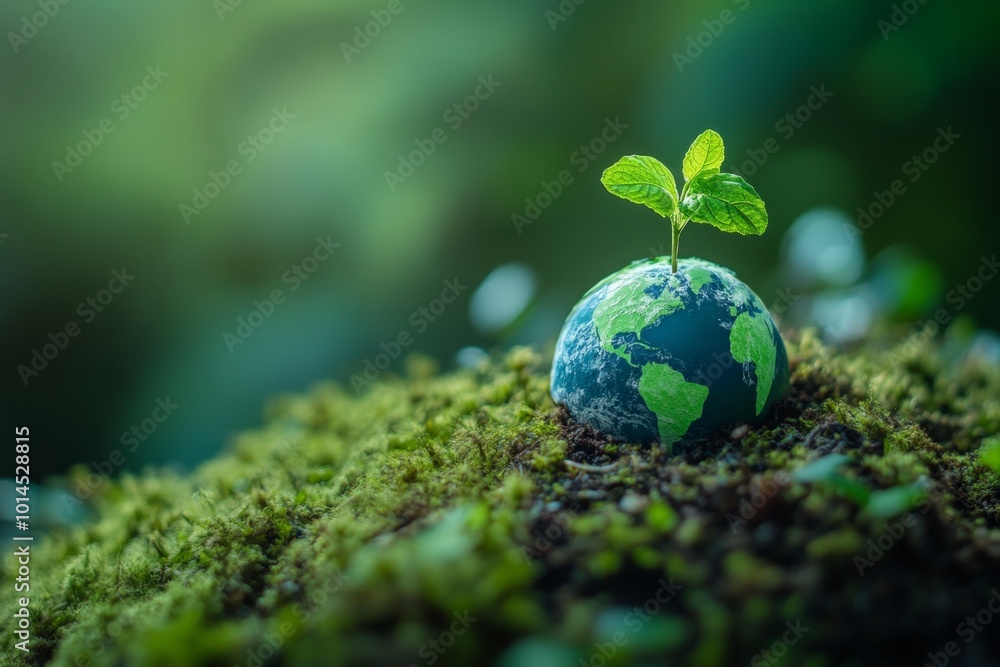 Small plant is growing out of a globe in the shape of planet earth, illustrating the concept of environmental conservation Small plant is growing out of a globe in the shape of planet earth, illustrating the concept of environmental conservation
