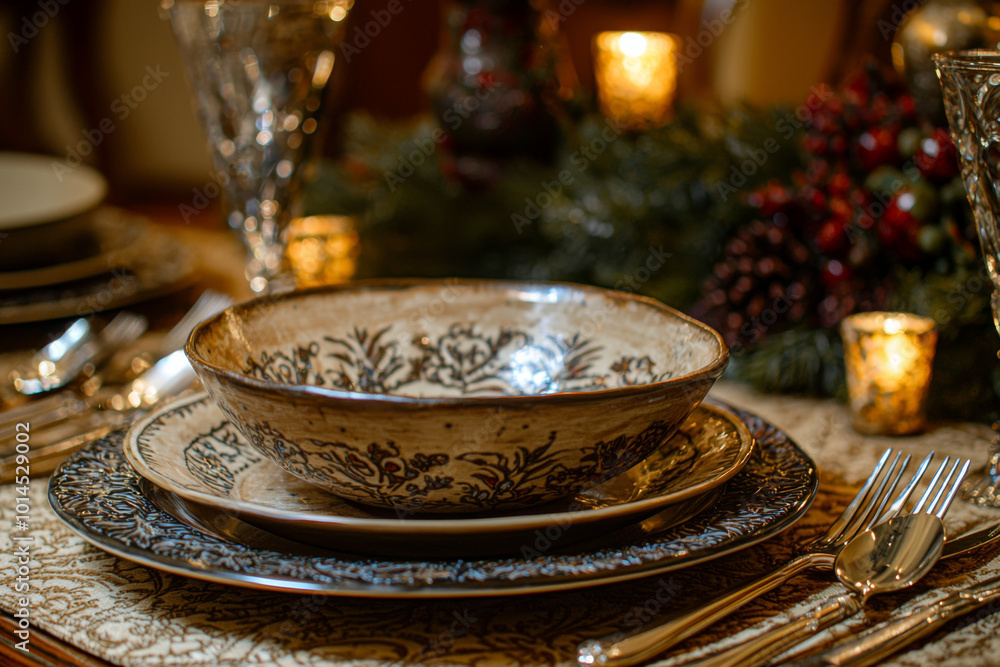 A beautifully set dining table featuring ornate dishes, elegant cutlery, and warm candlelight, perfect for a festive gathering. A beautifully set dining table featuring ornate dishes, elegant cutlery, and warm candlelight, perfect for a festive gathering.