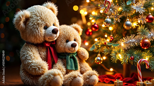 Wallpaper Mural Cute Teddy Bears by Christmas Tree with Festive Lights and Ornaments Torontodigital.ca