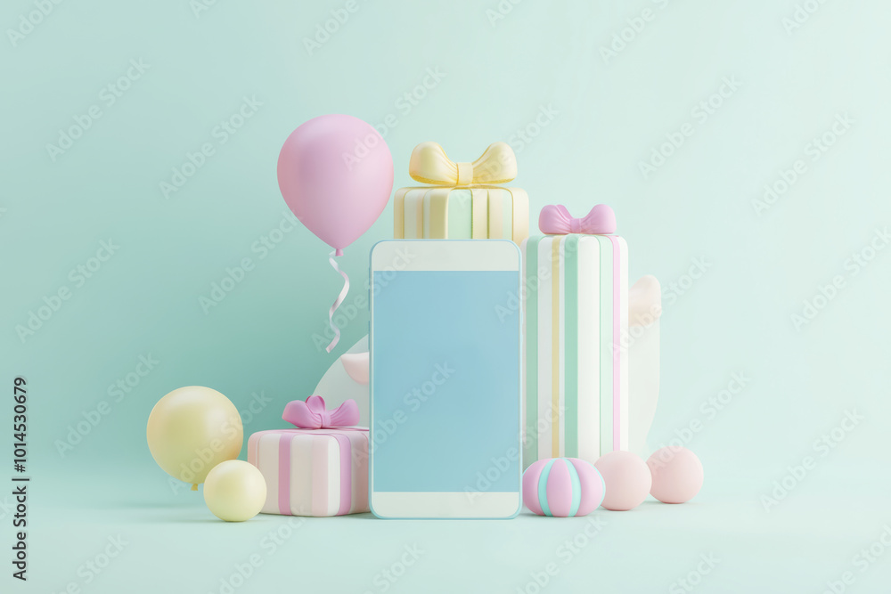 A pastel-themed celebration setup featuring gifts, a smartphone, and colorful decorations on a light background A pastel-themed celebration setup featuring gifts, a smartphone, and colorful decorations on a light background