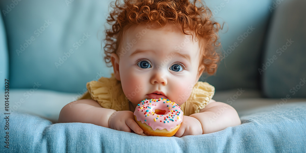 A cute little baby with red curly hair is lying on a blue couch and eating a donut A cute little baby with red curly hair is lying on a blue couch and eating a donut