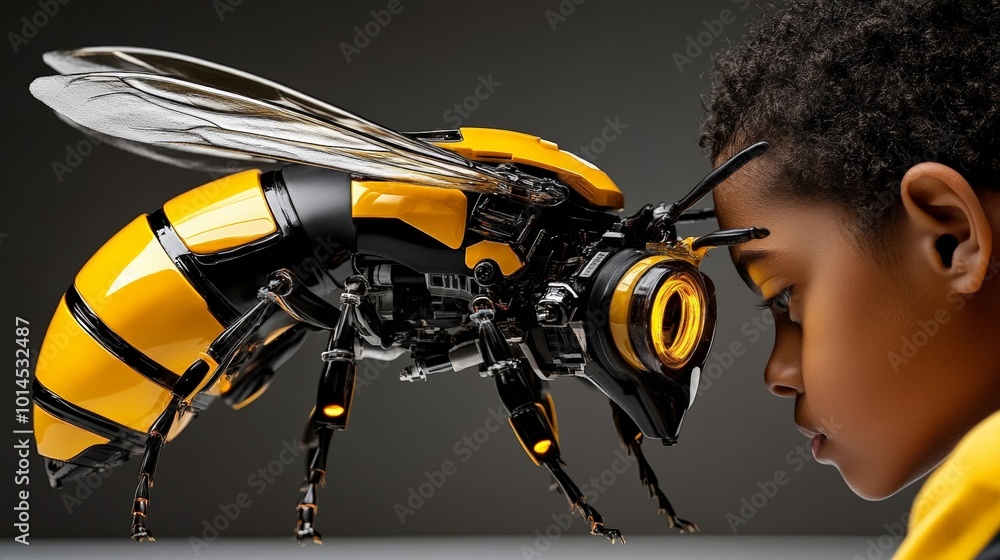 The Buzz of Innovation: A young boy gazes in awe at a futuristic, robotic bee. The Buzz of Innovation: A young boy gazes in awe at a futuristic, robotic bee.