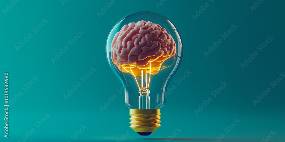 On a blue background, a light bulb with a brain inside symbolizes ...