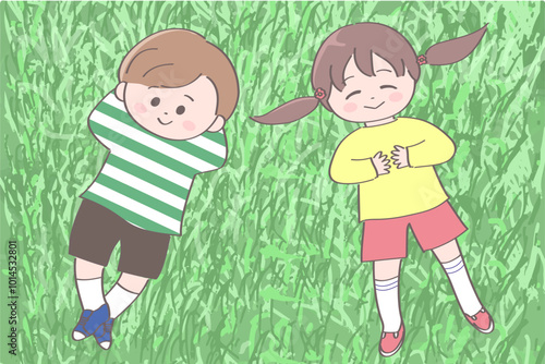 野原に寝転ぶ子どもたちのイラスト