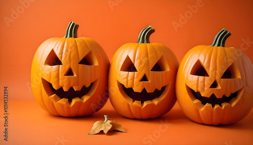 Three Jack-o'-Lanterns with a Leaf on an Orange Background, Halloween Festive Decor photo