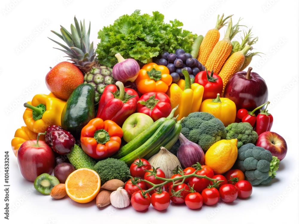 Bright, colorful fruits and vegetables isolated on white, offering a fresh and healthy inspiration for your cooking and Bright, colorful fruits and vegetables isolated on white, offering a fresh and healthy inspiration for your cooking and
