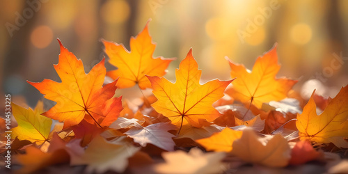 Vibrant Autumn Maple Leaves on Ground with Golden Sunlight, Close-Up of Seasonal Fall Foliage